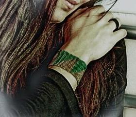Tribal Primitive Pattern. Bamboo Yellow Green Beadwoven Cuff/ Bracelet. Spring fashion jewelry