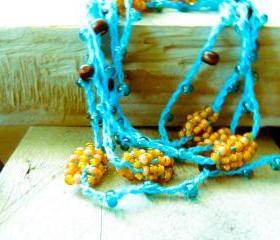 Spring fashion Turquoise Orange Brown crochet strand. headband/ wrap bracelet / anklet / belt