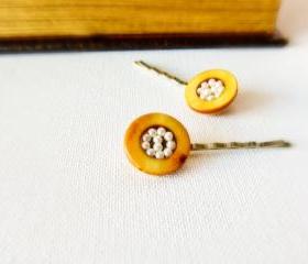 Unique fashion accessories Mustard yellow seed beaded hair bobby pins. Bird nest
