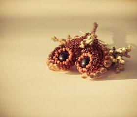 Autumn Woodland bead woven dangle earrings. Unique New Design. Orange Black Topaz .