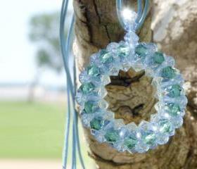 Holiday Jewelry. Sky. Round pendant Swarovski Crystal Bead Necklace Leather cord. Made to order