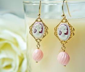 Victorian Style Lady Cameo Earrings.Pink Lady. Gold Filigree. Pastel Color. Romantic. Elegant