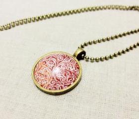 Red Floral Necklace, Red Ornament, Domed Glass Cabochon Image Necklace