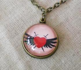 Bezel Set Necklace, Heart Necklace, with Round Pendant, Pink