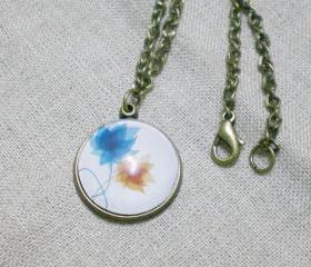 Flower Necklaces, Graphic Necklace, Hugging Flowers, Handmade Necklace with Domed Glass Pendant