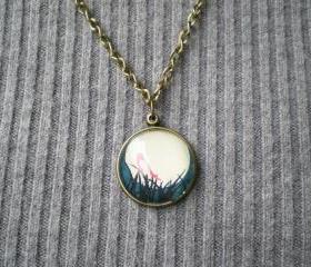 Bird & Moon Necklace, Graphic Pendant with Cabochon, Handmade