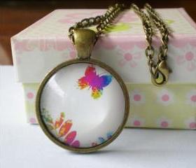 Image Necklace, Butterfly & Flower Necklace, Domed Glass Image Necklace