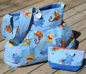 SALE OOAK Wide Bottom Handmade Pooh fabric Diaper Bag with zipper bag combo- Ready to Ship