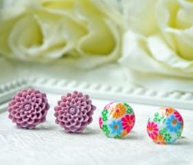 Vintage Flower Earrings Set. Post Earrings. Colorful Chrysanthemum. Stainless Steel Posts