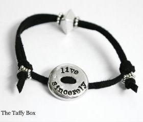 Live Sincerely Pewter Leather Slide Bracelet - Hand Stamped
