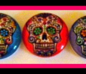 Skulls - Magnet Set of 5 - Sugar Skulls - 1 Inch Domed Glass Circles