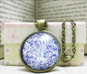 Floral Cabochon Necklace, Blue Ornament, Domed Glass Image Necklace