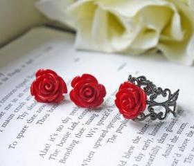Deep Red Rose Earrings And Ring Jewelry Set. Titanium Posts. Black Victorian Gothic Style. Romantic. Mysterious