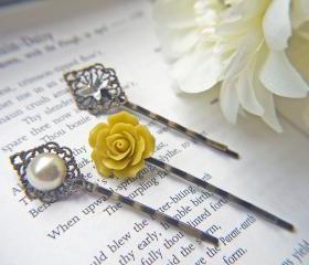 Vintage Style Hair Pin Set. Rose. Butterfly. Pearl. Antique Brass Filigree Bobby Pins. Romantic