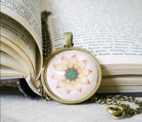 Lotus Necklace, Flower Necklace, Circle Cabochon Necklace with Lotus Image