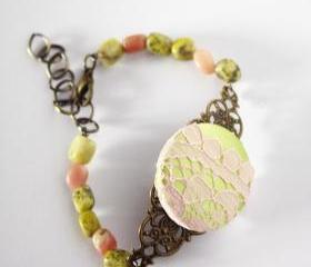 acid green and pink bracelet - natural stone fabric lace and antique bronze - spring lovely