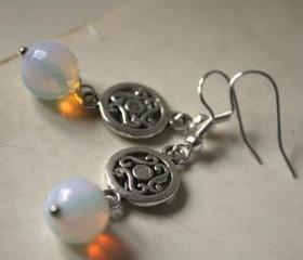 irish earrings - celtic silver metal and moonstone - white opal - pagan spiral triskel - saint patrick's day