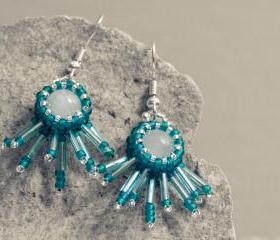 Teal winter fashion jewelry. Opal bead wrapped fringe dangle earrings. tbteam spteam