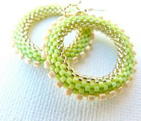 Lime Green Bead Woven Hoop Earrings, Spring Fashion Everyday jewelry