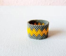 Modern geometric chevron Custom band ring Grey yellow zig zag Beaded fashion jewelry under 25