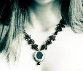 Black Lace Fashion Bead woven Necklace with Natural Sea Stone Pendant. one of kind OOAK grey gray