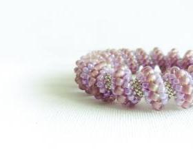 Honeysuckle Bridal beaded bangle bracelet. Rustic wedding Light purple silver