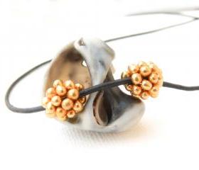 Golden pine-cones. Beaded beads (2) small round Jewelry making supplies Holiday season