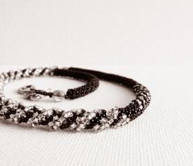 Night. Luxuries Black Silver asymmetric bead woven necklace. Ready to ship