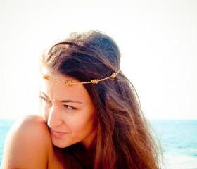 Boho Chic Mustard gold brown beaded crochet headband strand. Versatile necklace / bracelet / anklet / hair band. tbteam spteam