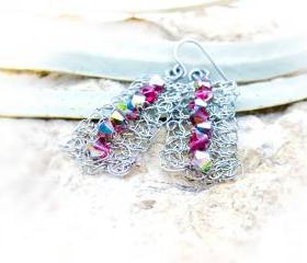 Bohemian wire crochet Swarovski crystal dangle earrings. Bridesmade gift idea.Spring fashion jewelry