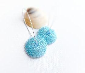 Bridesmade Aqua blue sapphire crystal earrings, beaded round shape, long dangle fashion jewelry