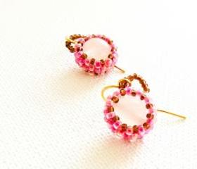 Bridesmade pink white gemstone beadwoven earrings.Wedding Spring fashion jewelry. tbteam