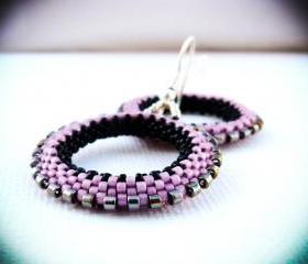 Old Rose.Goth black pink silver beadwoven hoop earrings.
