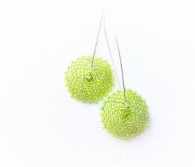 Apple green. Bridesmade long earrings. Beaded round shape. Spring fashion jewelry tbteam