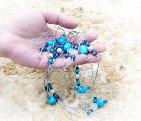 Sea Dream Turquoise beaded lariat silver waxed cotton thread necklace. Nautical Spring jewelry tbteam