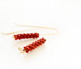 Terracotta long dangle earrings. Minimalist fashion brownish orange beaded beads jewelry. gift idea tbteam