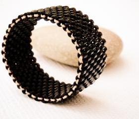 Nostalgic. Unisex minimalist street style Custom Band Ring. Beaded Black. tbteam
