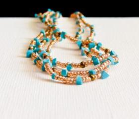 Turquoise jewelry Summer 2012 Boho chic golden multi layered romantic necklace/ wrap bracelet. 