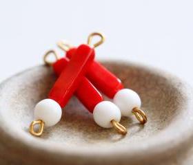 Vintage Red White with Brass Loops Connector Glass Beads