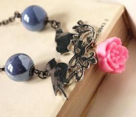spring birds - necklace - pink flower sky blue ceramic beads silver pendant black chain - lovely cute girly