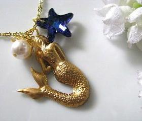 The Little Mermaid Necklace - Bermuda Blue Swarovski Starfish Crystal, Swarvoski White Pearl