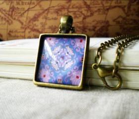 Square Retro Necklace, Purple Flower Design, Squared Cabochon Pendant Necklace with Image