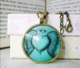 Retro Heart Necklace, Angel Heart, Domed Cabochon Necklace Handmade