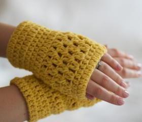 Mustard Yellow Crochet Wrist Warmers