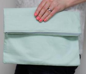 Fold over Fabric Zipper Clutch in Pastel Mint Green with Slate Grey (gray) lining