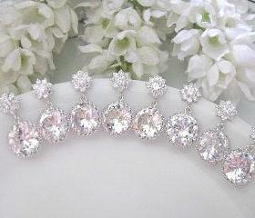 Set of Four (4) Cubic Zirconia Flower Post With Clear White Round Cubic Zirconia Drop Earrings - Bride, Bridesmaids, Maid Of Honour, Wedding