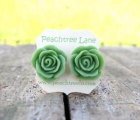 Large Apple Green Rose Flower Stud Earrings perfect for Bridesmaid or Maid of Honor Gifts