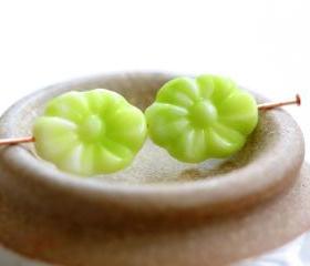 Vintage Lime Green with White Flower Glass Beads