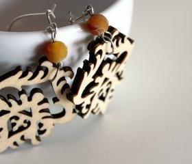 natural wood earrings -baroque wooden - elegant with brown stone