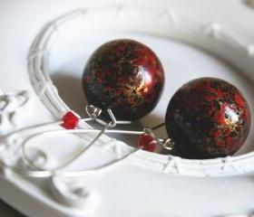 black red gold earrings big beads - paint on black
